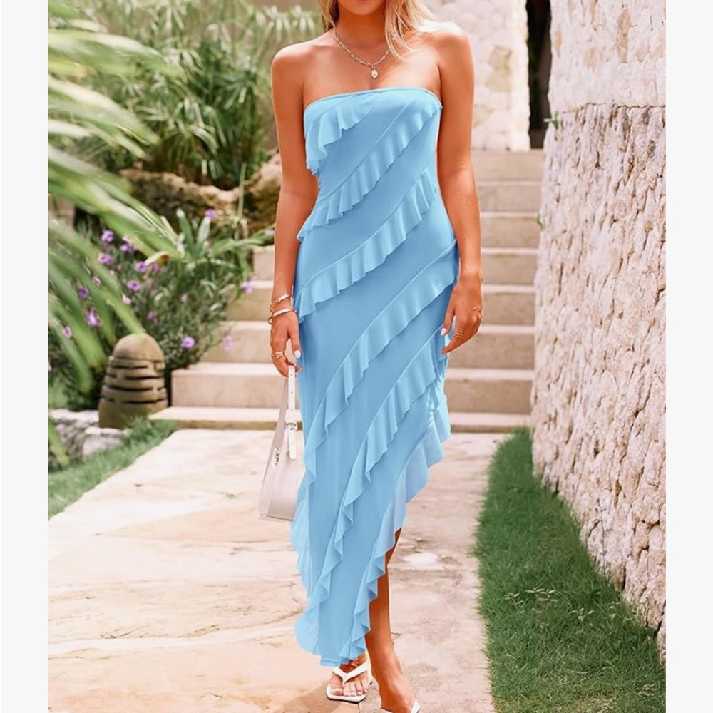 Pretty garden blue strapless ruffle dress from Amazon. Worn once